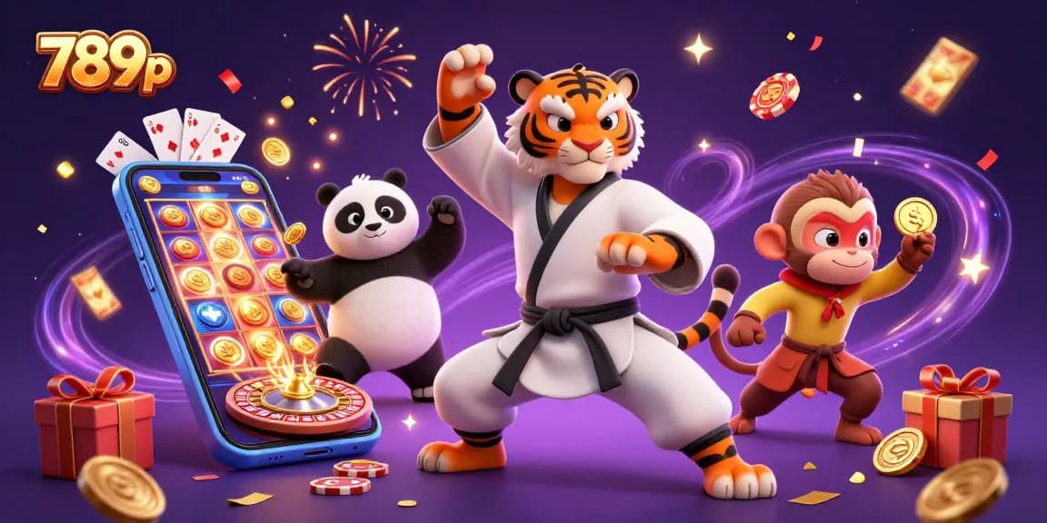 Engage with thrilling 789p slot games as a tiger master guides a panda disciple while a monkey steals gold.
