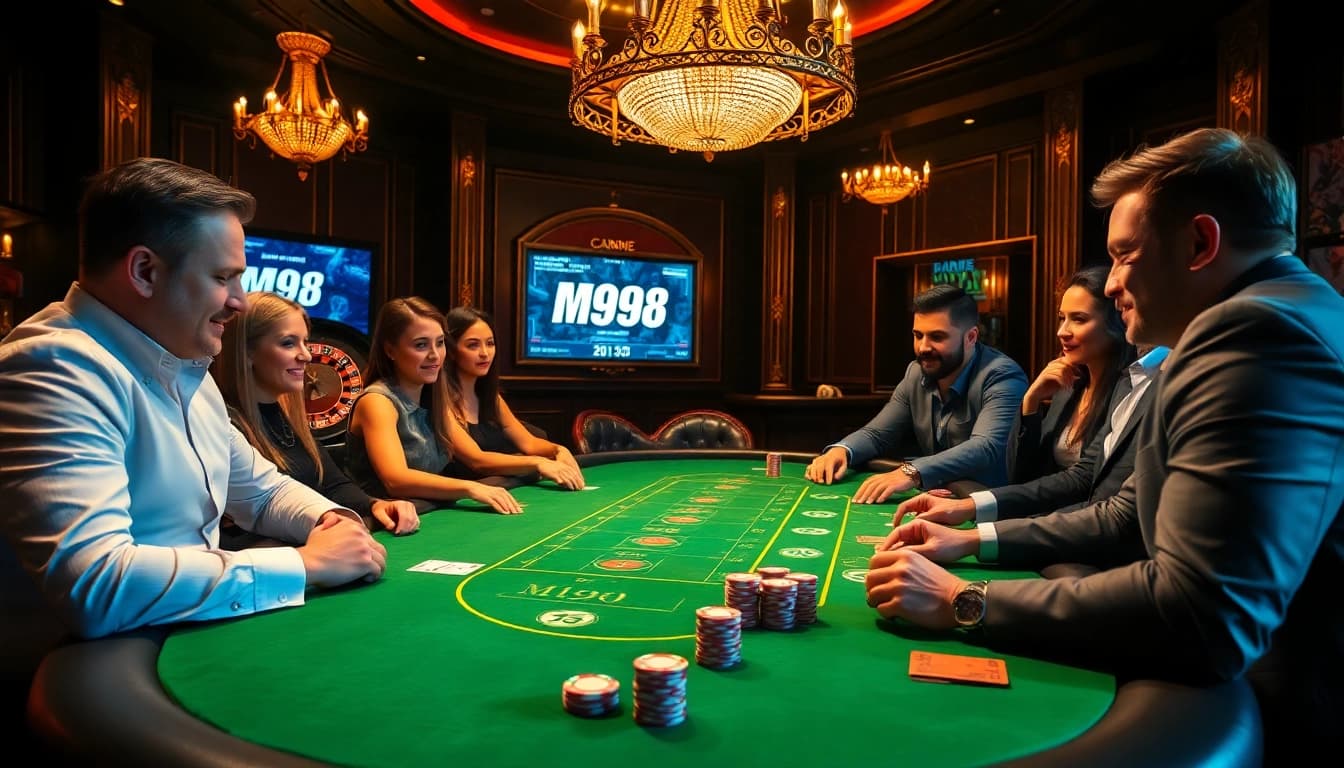 M98 poker table bustling with players highlights strategic gambling excitement.