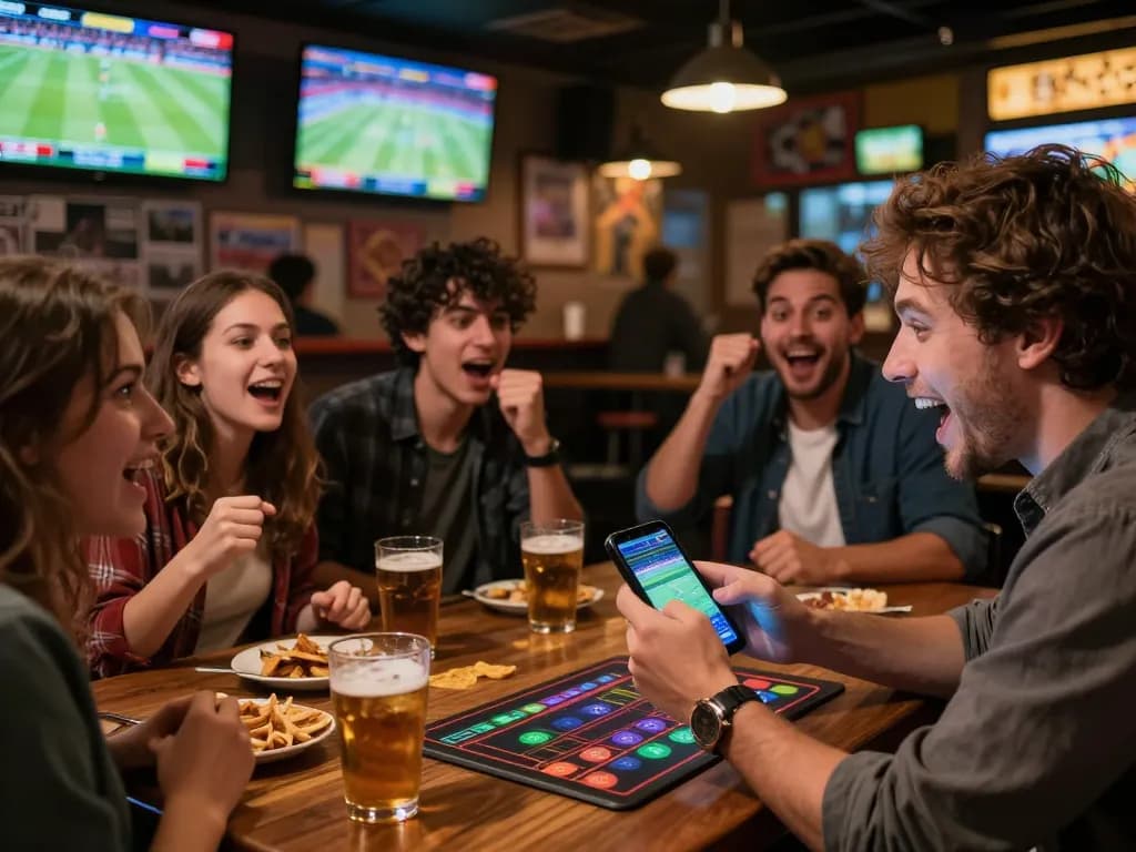 VIN88 WIN sports betting scene with fans cheering at a lively sports bar.