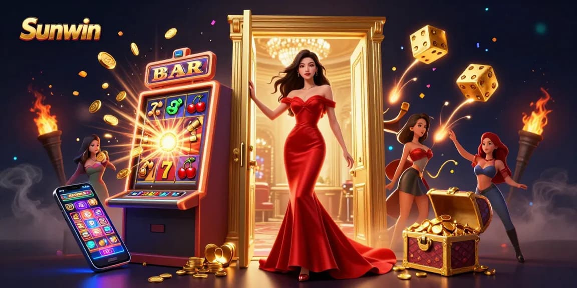 Experience the excitement at Sunwin as a beautiful Asian woman in a red gown celebrates winning with jackpot coins.
