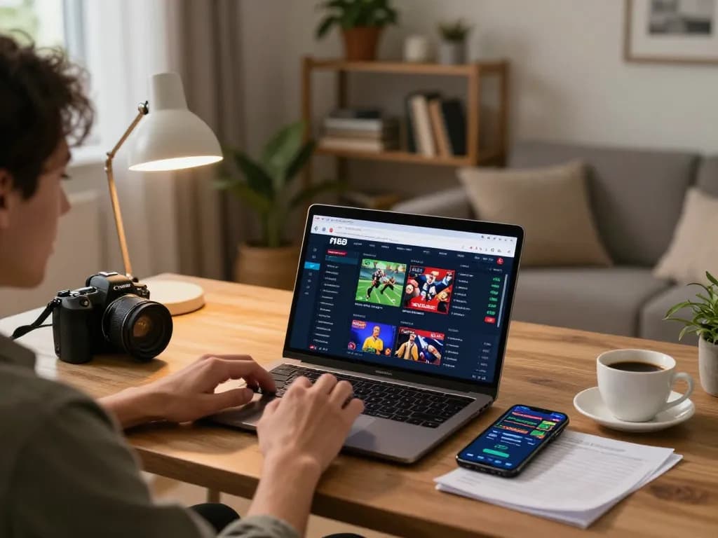 Engaging with f168 online betting platform on laptop and smartphone in cozy home setup.
