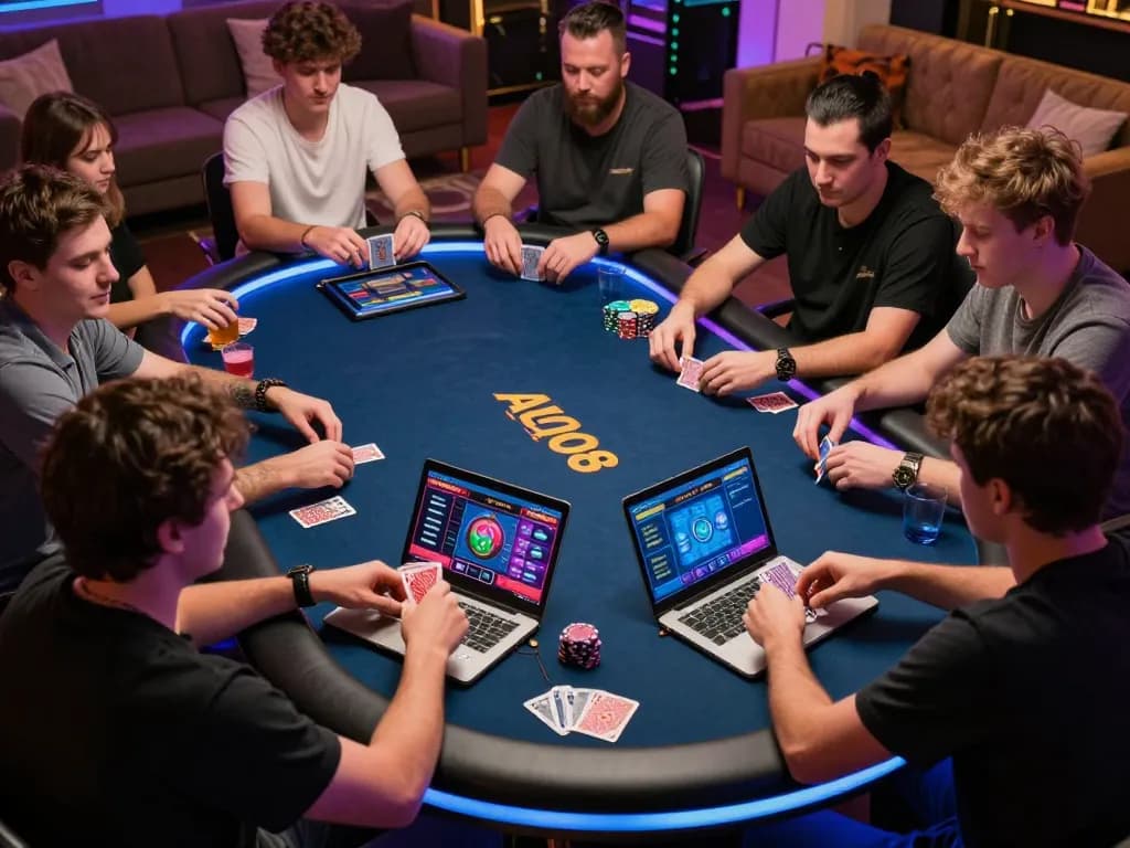 Players engaging in an exciting poker game on ALO8net platform, showcasing the thrill of online gambling