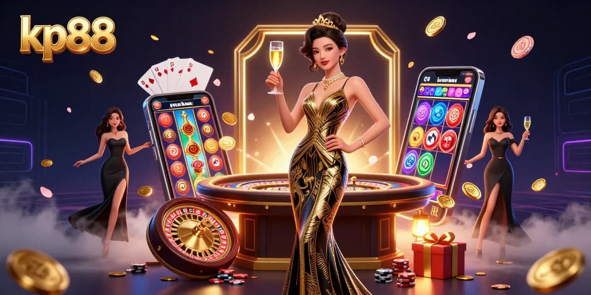 Play winning games at kp88 with a glamorous Asian woman surrounded by rich casino elements.