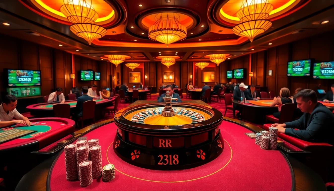 Experience excitement at rr88 with vibrant casino tables and lively players amid luxury.
