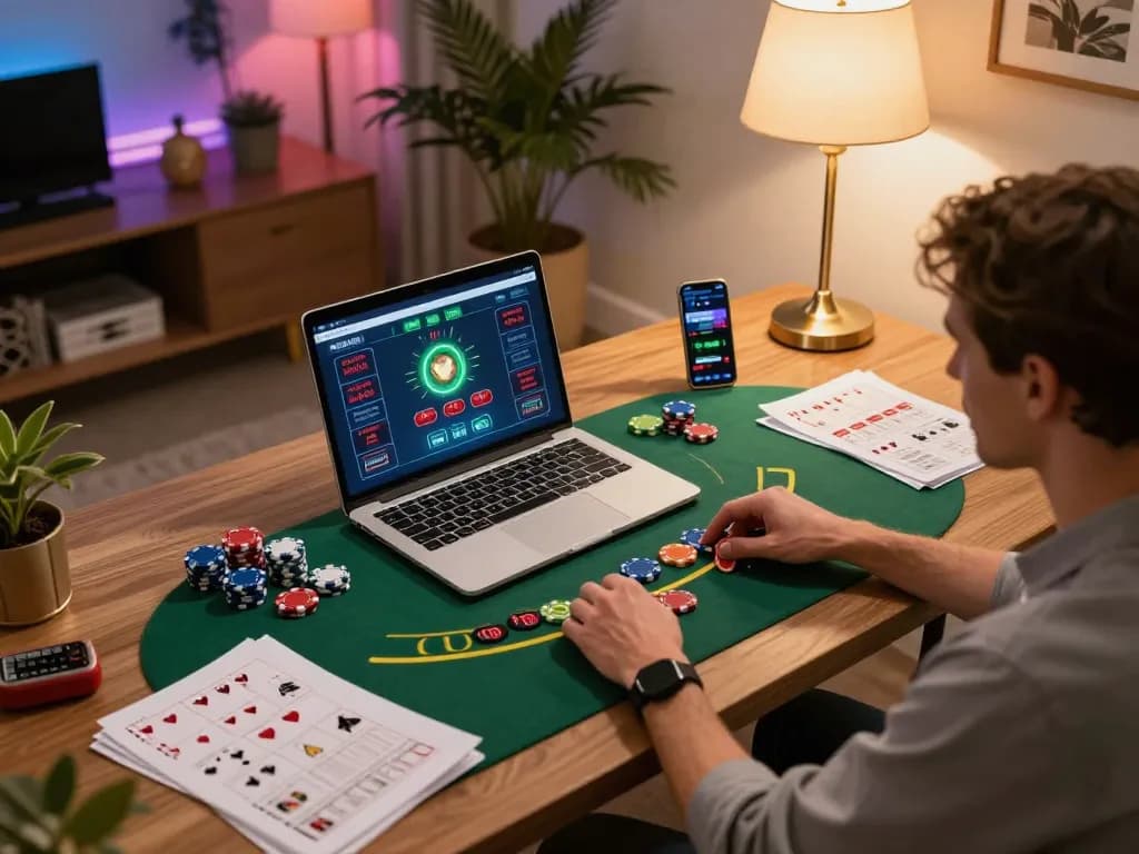 Player enjoying live blackjack at home with an ok8386a betting app on laptop and smartphone during a cozy evening.