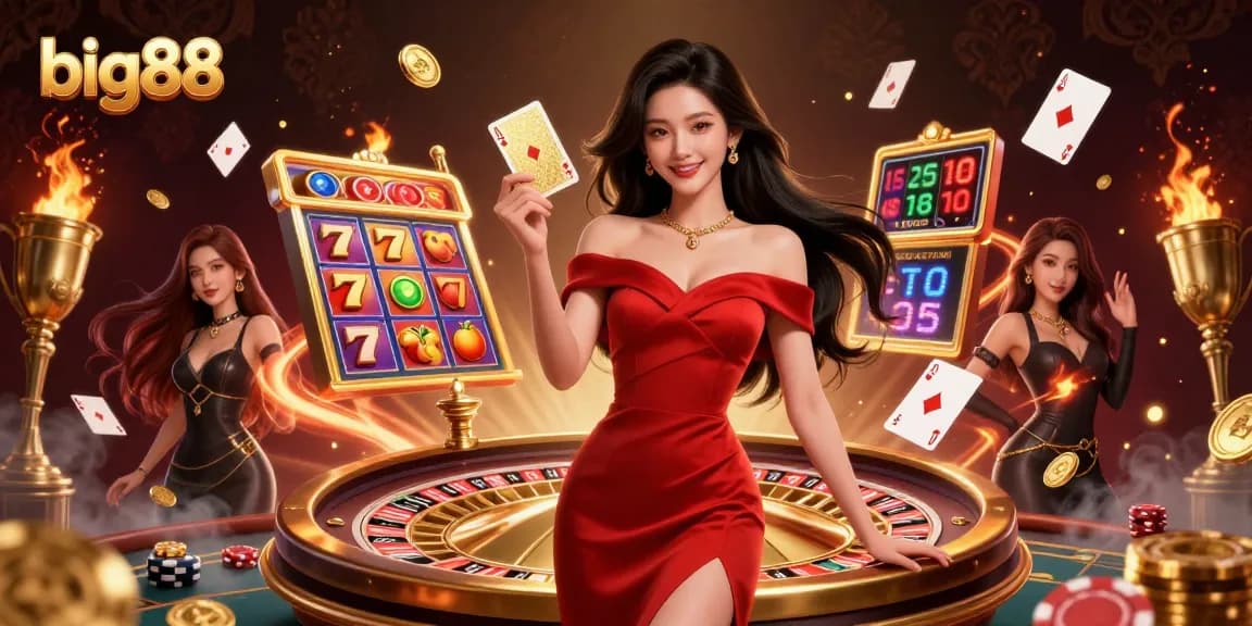 Experience big88 with a confident woman holding a golden playing card beside a lavish roulette wheel.