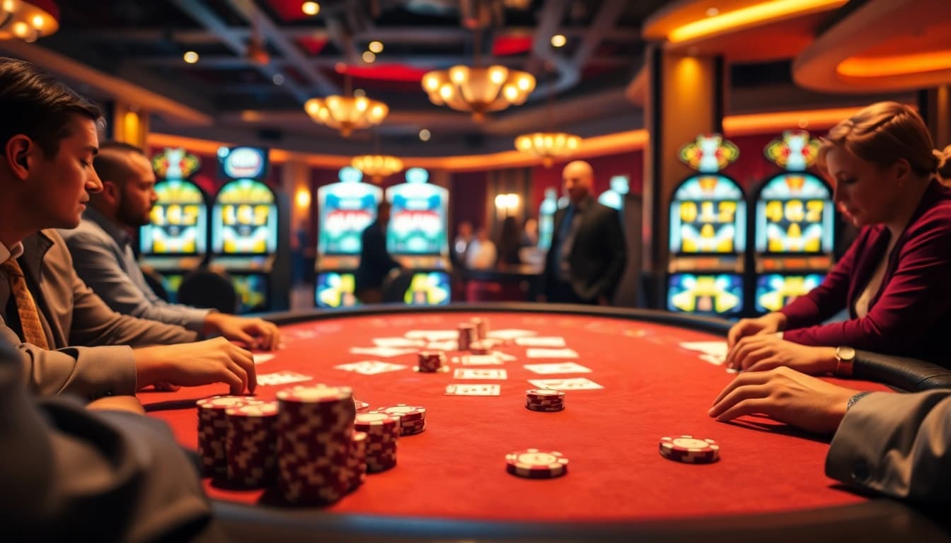 KJC players strategizing at a luxurious poker table in a high-end casino setting.