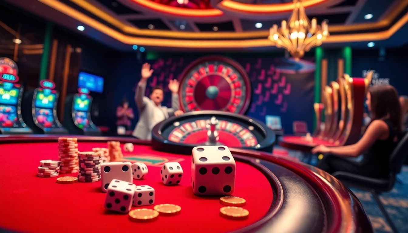 Exciting gaming environment at Trang chủ lu88 featuring stylish poker tables, vibrant slot machines, and roulette.