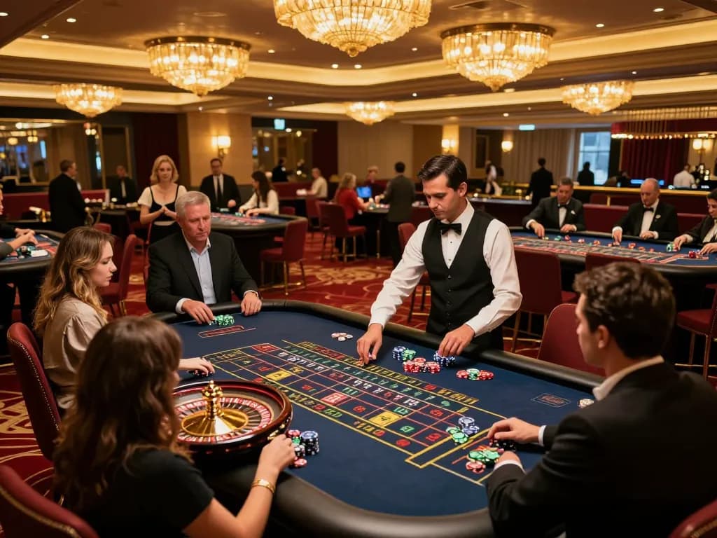Players placing bets at a dynamic roulette table at Sunwin's luxurious casino, showcasing thrilling gambling moments.