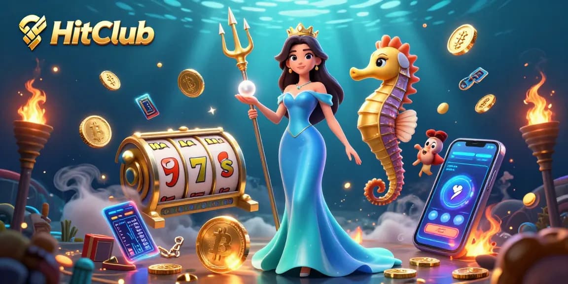 Engage with the HitClub gaming experience, featuring a stunning underwater scene with treasures of cryptocurrency.