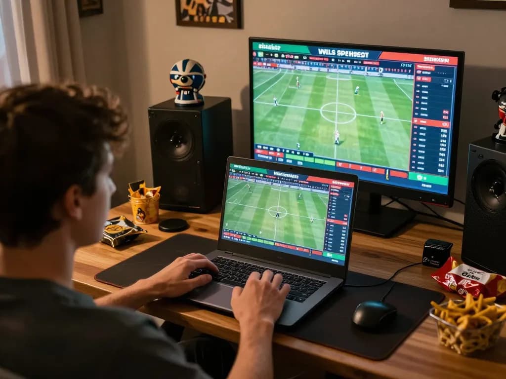 Experience live sports betting excitement on sbobet with a person using a laptop in a cozy home setup.