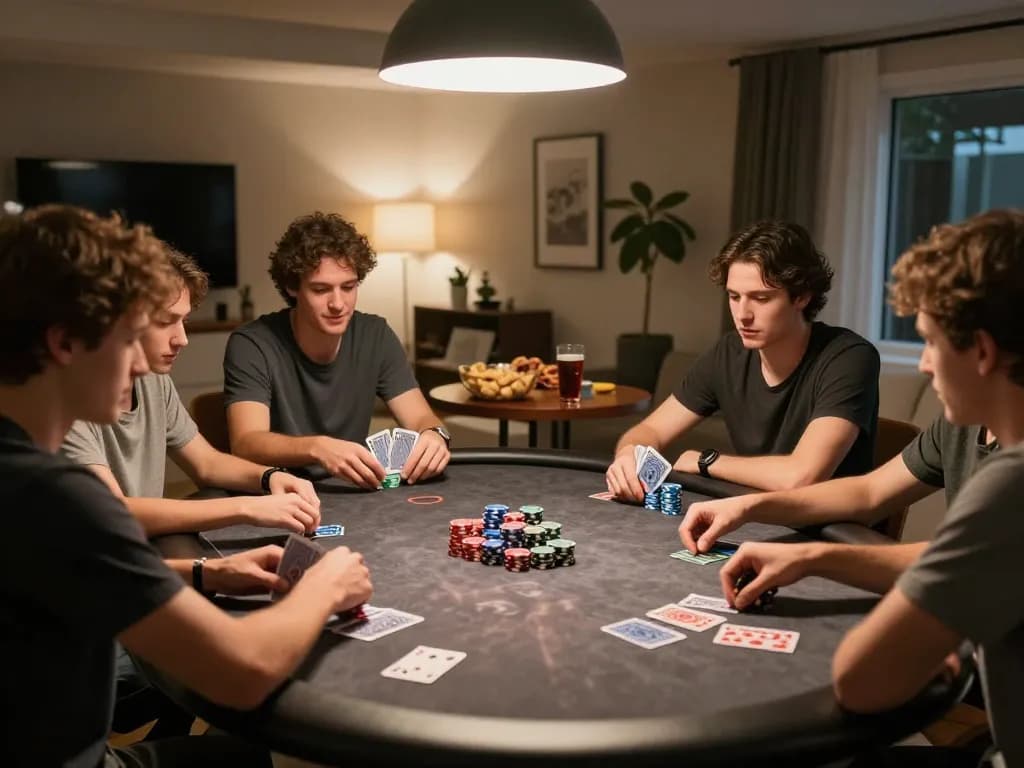 Friends engaged in a lively poker game showcasing 7m strategy and camaraderie