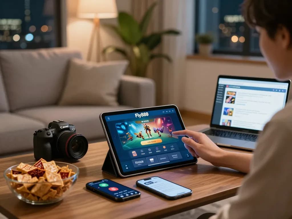 Experience Fly88 MB app in a cozy living room setting with snacks and a city view.