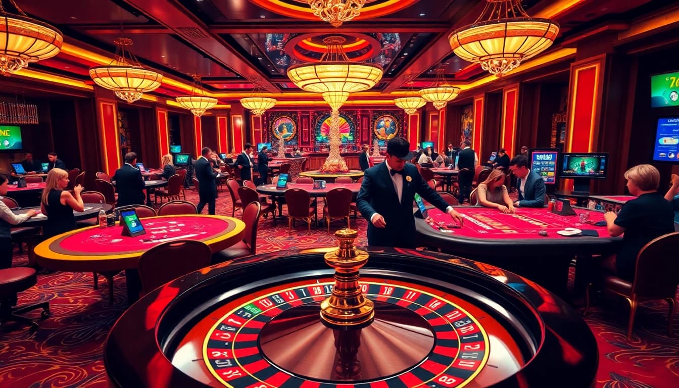 The excitement of Nhà cái uy tín luck8 captured in a vibrant casino scene with poker tables and roulette wheel.