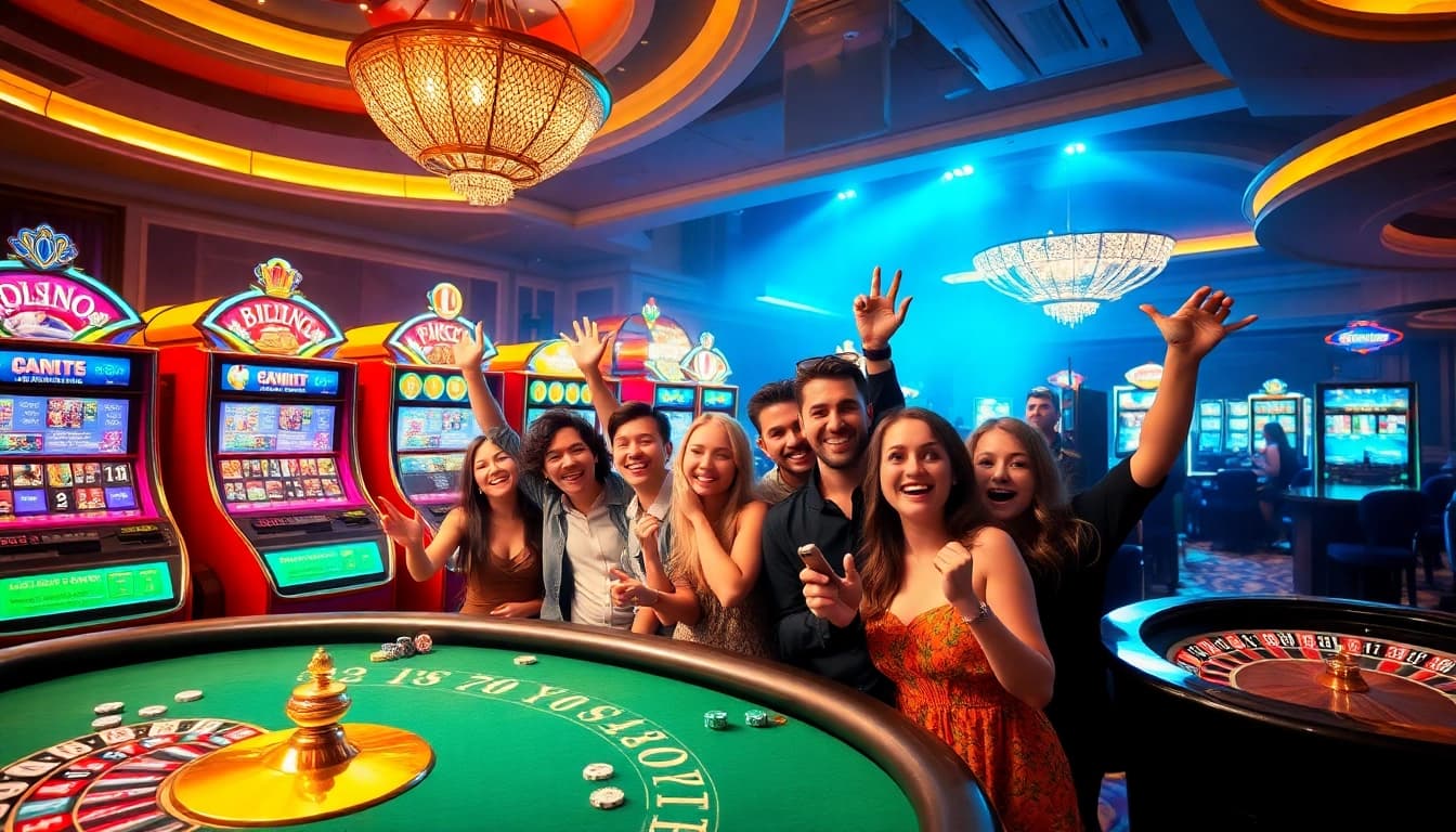 A lively casino scene with enthusiastic gamblers celebrating wins, highlighting the experience of https://uu88vn.za.com/.