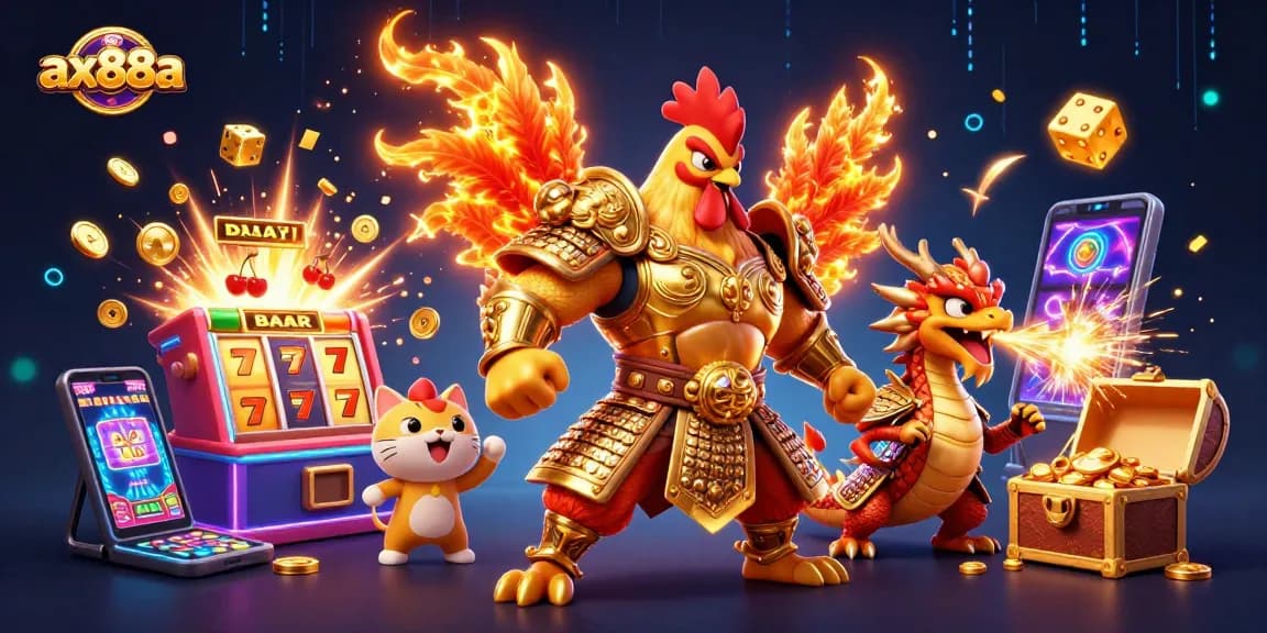 Spin and win big at ax88a with an exciting 3D cartoon illustration of a fighting rooster warrior, dragon hatchling, and casino elements!