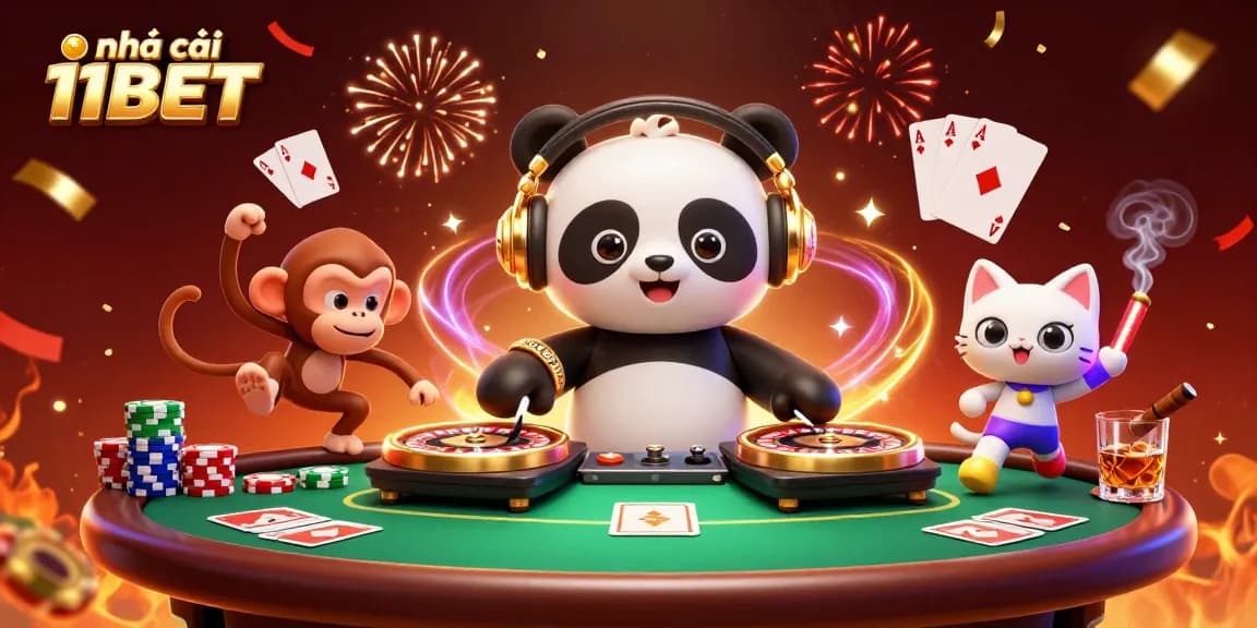 Experience excitement at nhà cái 11BET with vibrant casino characters and festive gambling elements.