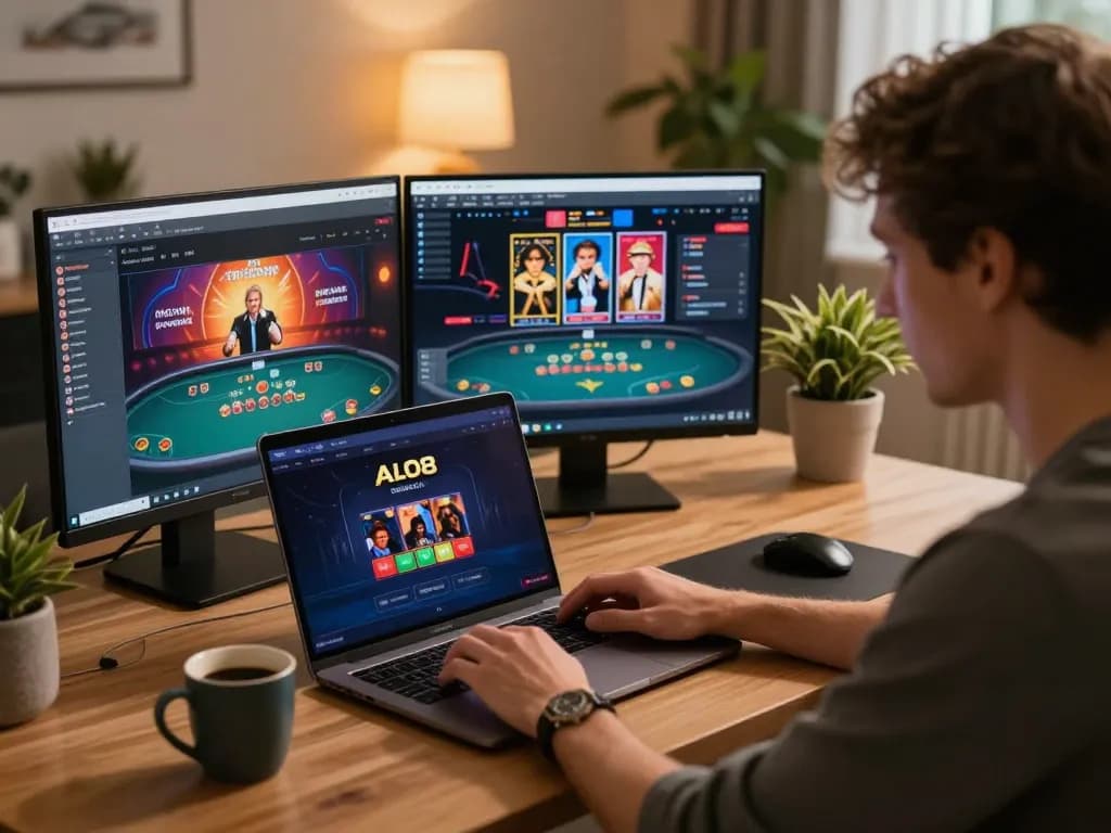 Player engaging with ALO8 gaming app on laptop showcasing thrilling online casino options