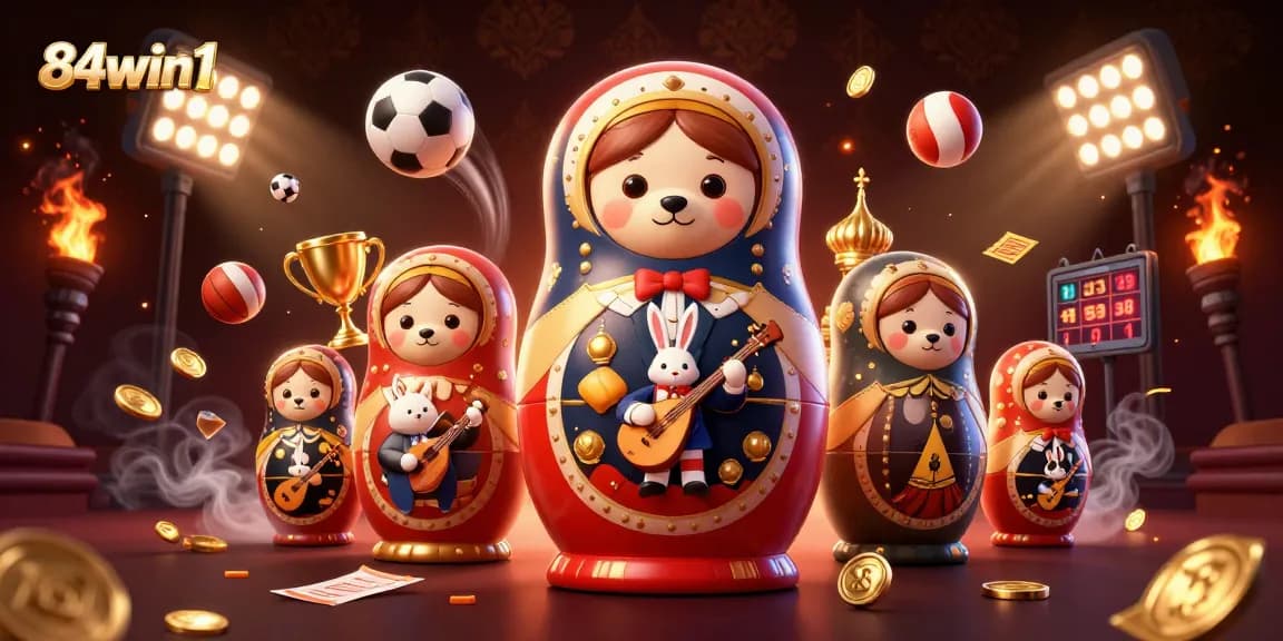 Engage in thrilling bets with 84win1, featuring cartoon bears and dynamic sports elements in a vibrant casino scene.
