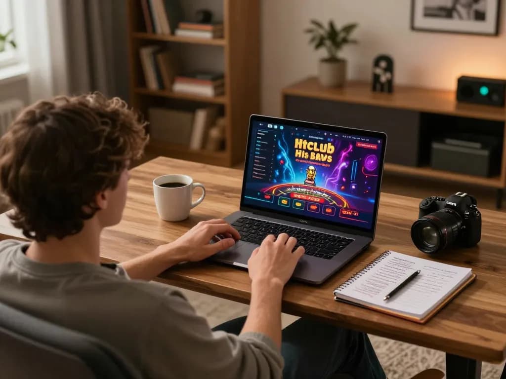An engaged player strategizing on hitclub's online casino site, surrounded by notes and coffee.
