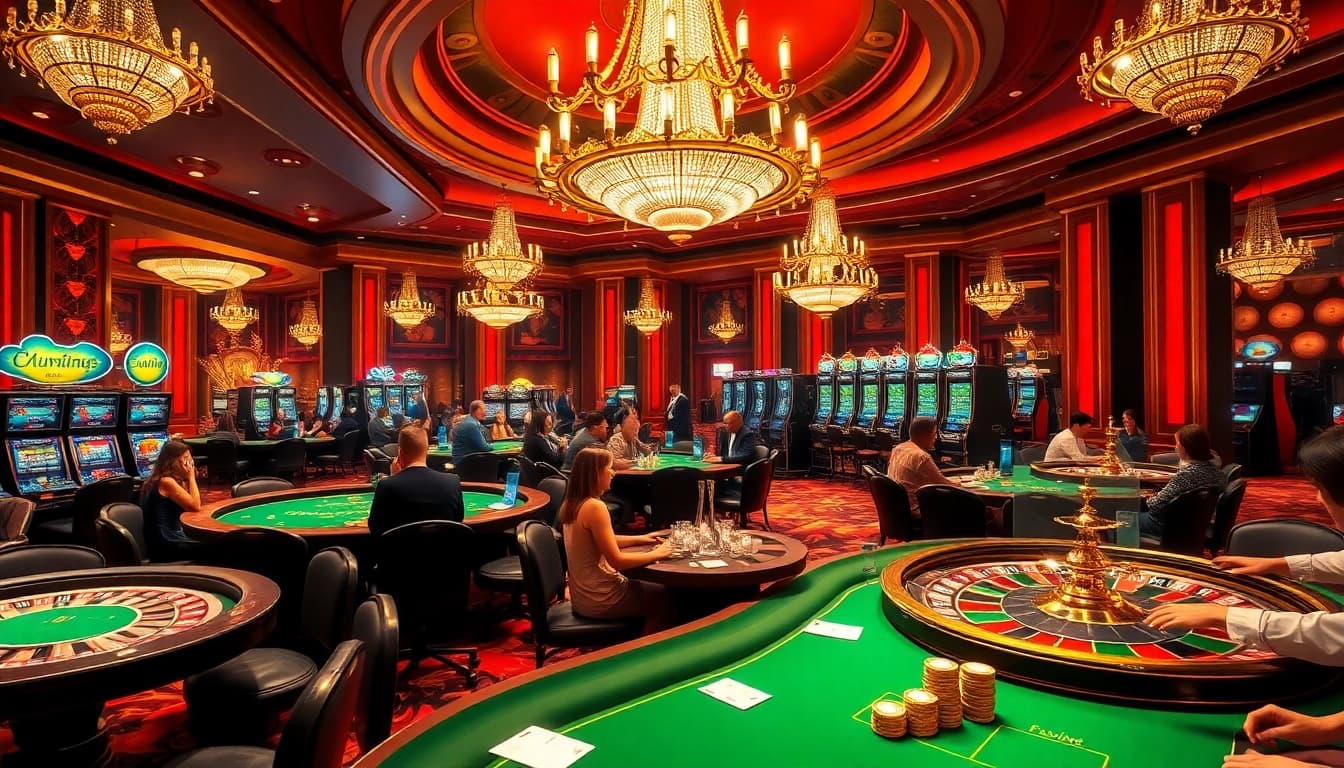 Experience the thrill of sunwin casino with vibrant games, poker tables, and excited players.