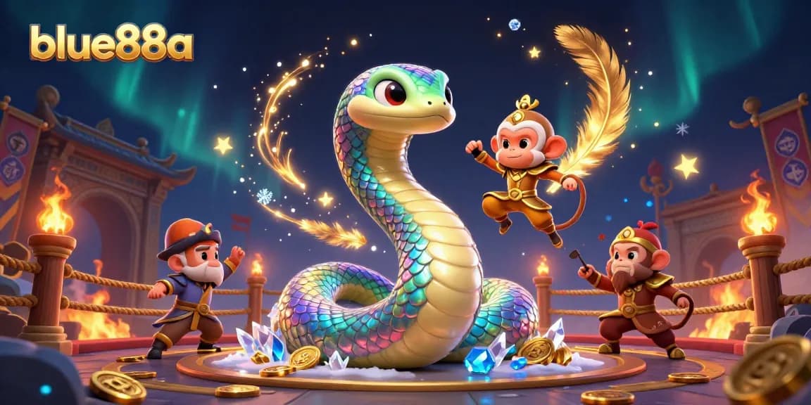 Engage with blue88a's dynamic casino world featuring a playful monkey and a shimmering serpent.