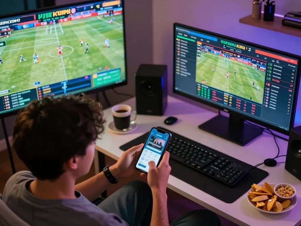 Person engaging in live sports betting on KP88 app with multiple screens showing game odds and action.