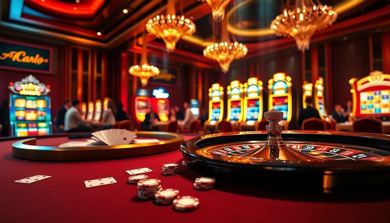 A thrilling casino scene showcasing the excitement of gaming at Hit.Club, featuring roulette, poker, and slot machines.