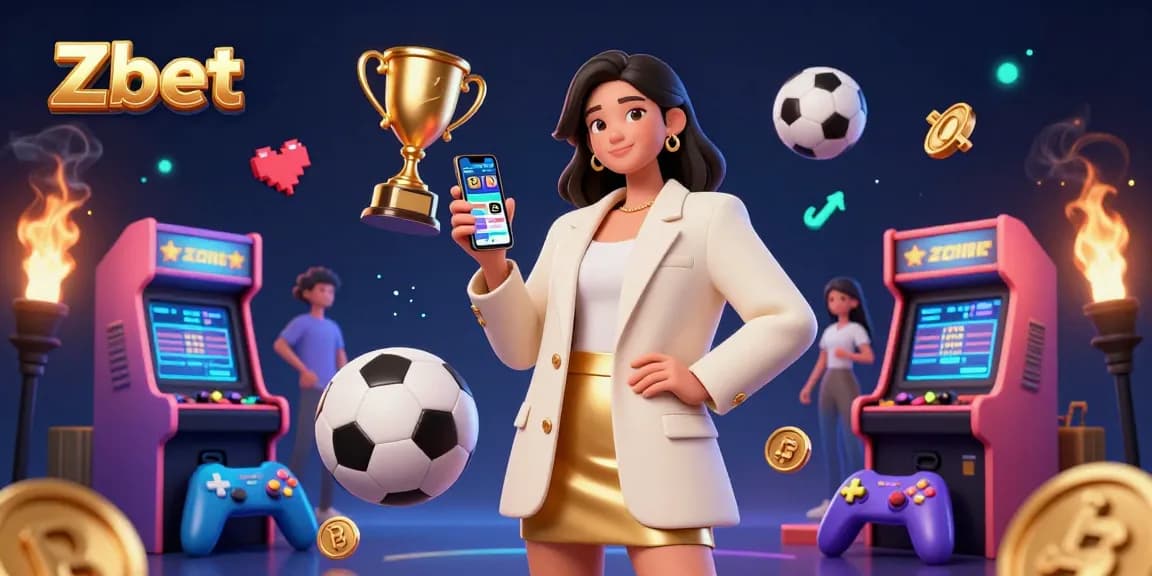 Zbet showcases a vibrant illustration of sports betting excitement, featuring an Asian woman with a smartphone, colorful casino elements.