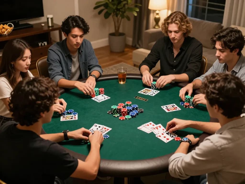 Players enjoying a thrilling poker game at home with friends at lc88, showcasing excitement and strategy.