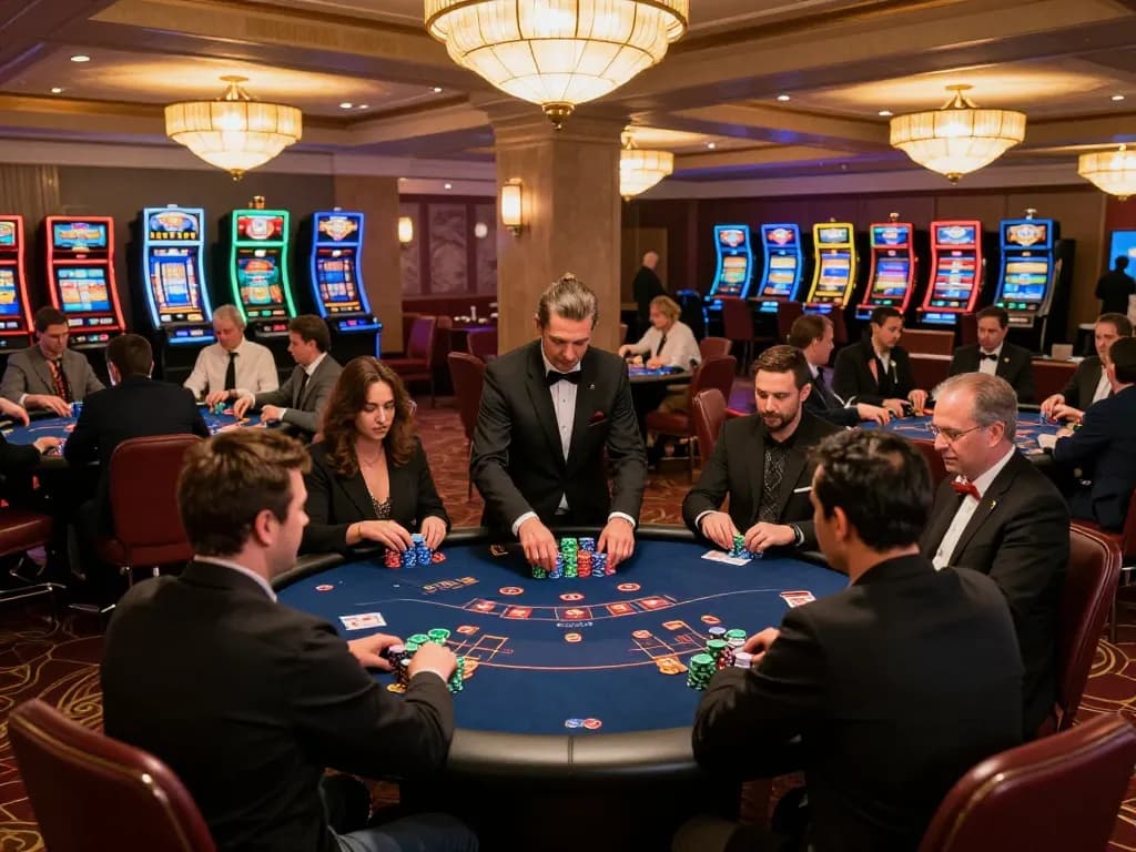 Các người chơi tại bàn poker LUCK8 đang chiến lược đặt cược trong một giải đấu bài buổi tối tại một casino sôi động.