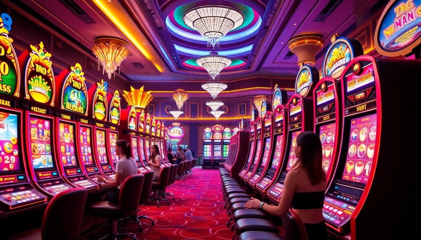 Players engaging with exciting nổ hũ slot machines in a luxurious casino atmosphere.