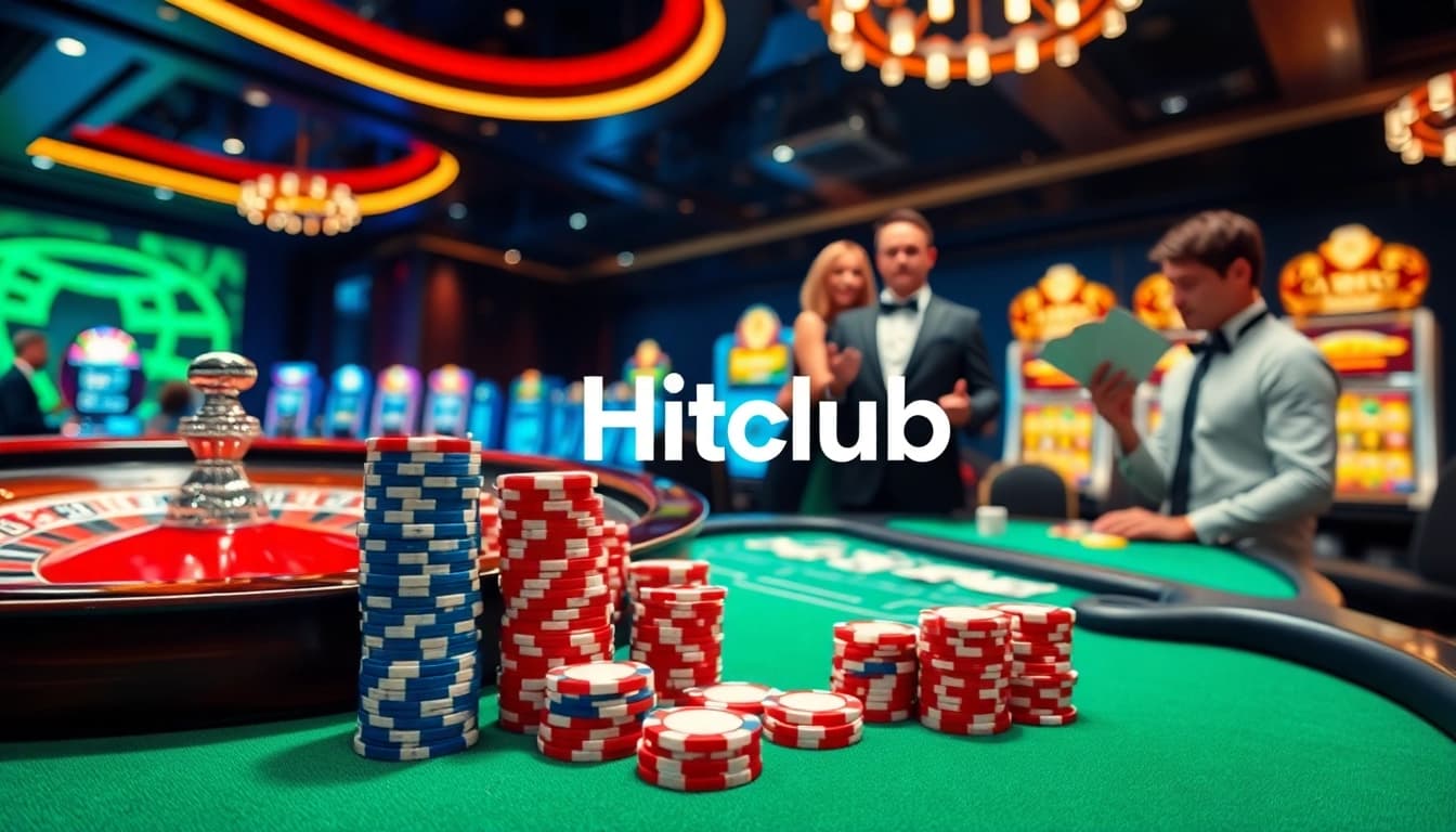 Hitclub players strategizing at a luxurious casino table with poker chips and cards.