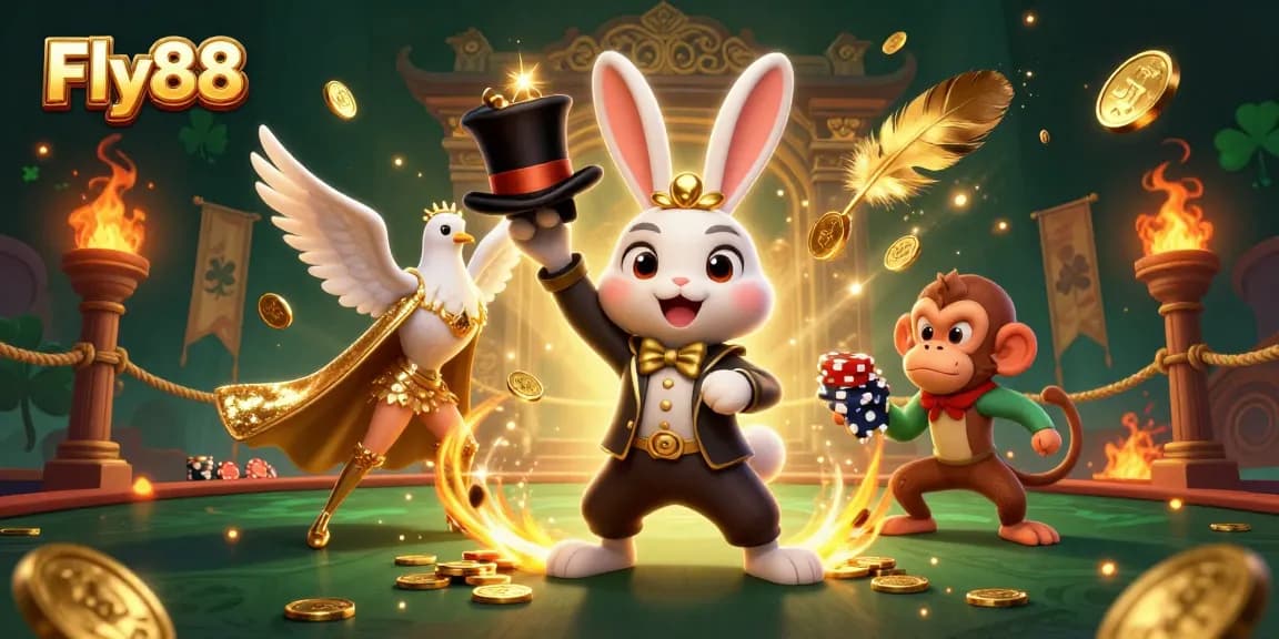 Engage in thrilling gameplay with Fly88, featuring a whimsical magician rabbit, dove, and monkey in a vibrant casino scene.