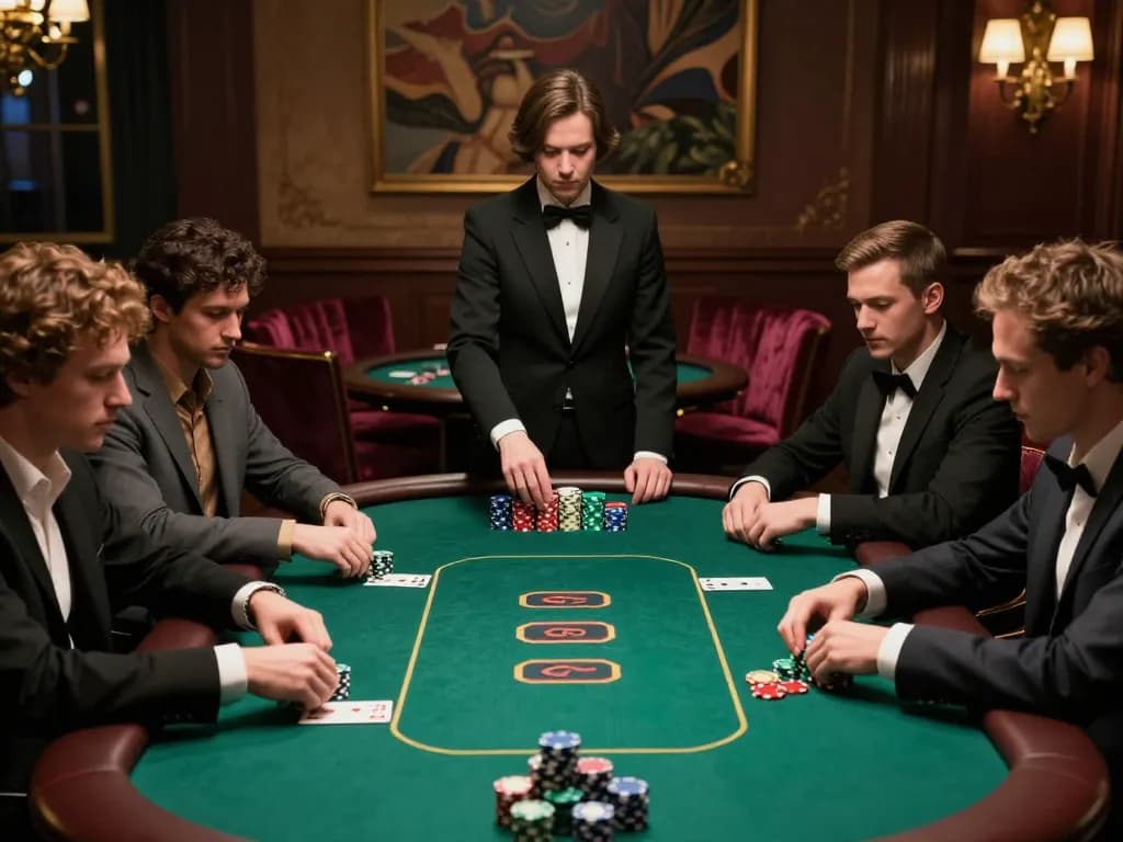 Player strategizing during a high-stakes poker game at FABET, showcasing intense gameplay and luxury.