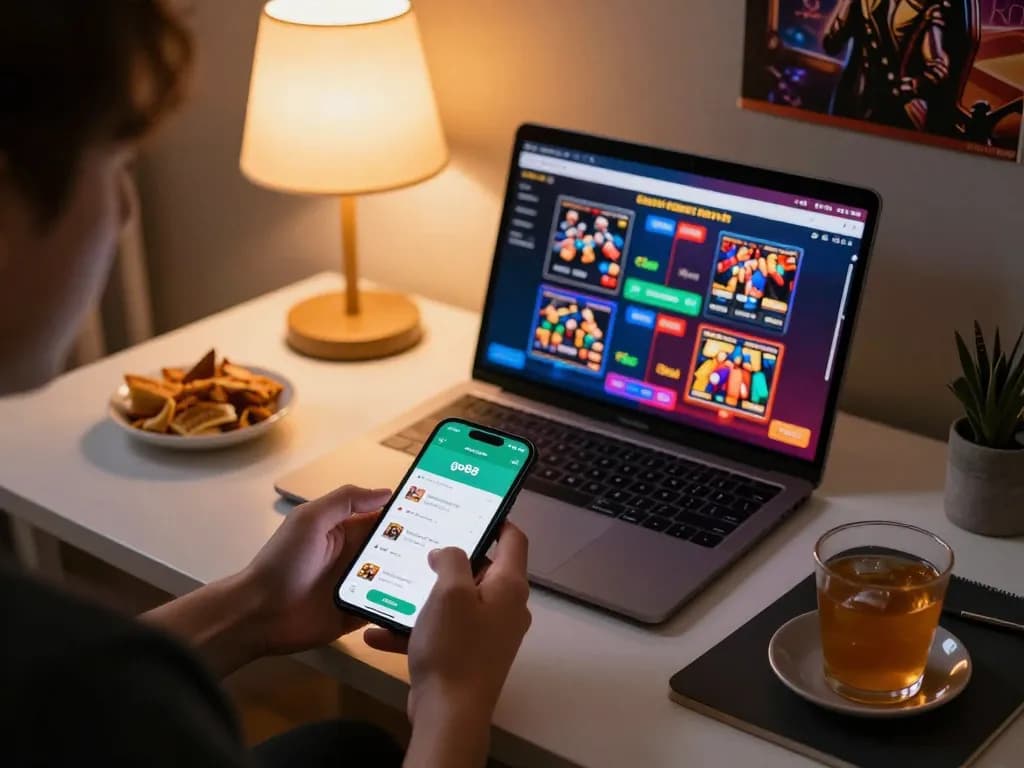 Player engaging with the go88 app on smartphone, showcasing dynamic online gambling experience in a cozy home setup