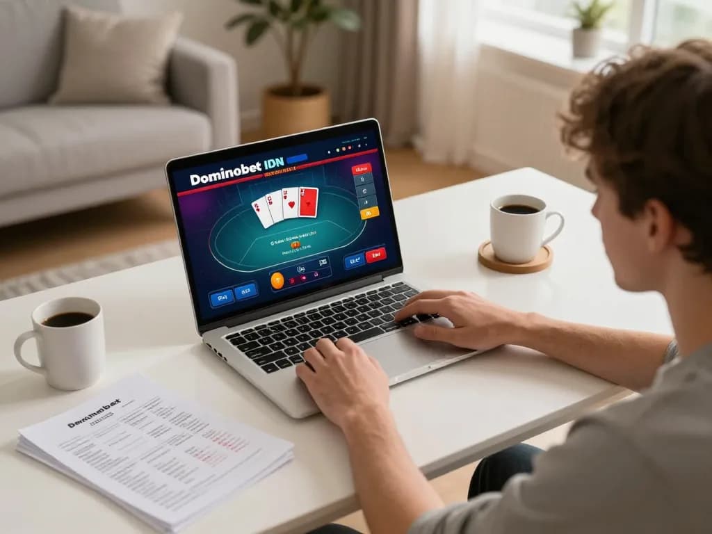 Player enjoying Dominobet IDN Poker on a laptop at home, showcasing the immersive online gaming experience.