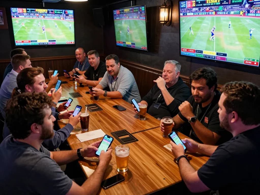 Fans placing bets in a lively sports bar, showcasing ty le keo nha cai on screens with excitement.