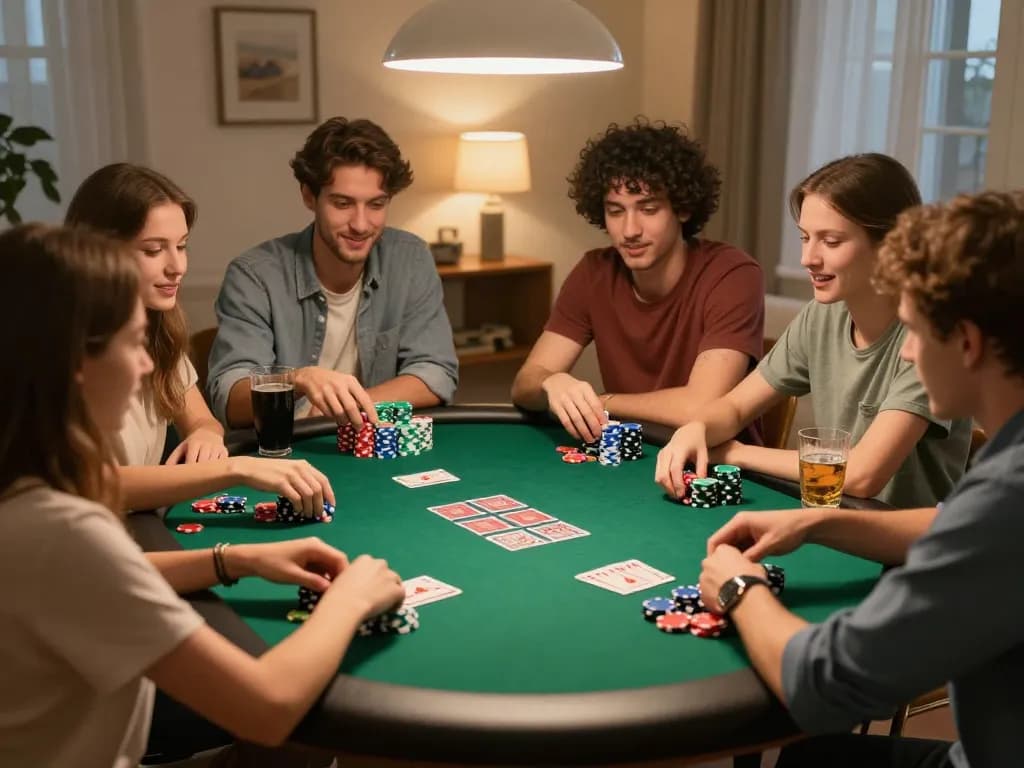 Friends engaged in a competitive poker game night at home, betting with enthusiasm on bet88i.