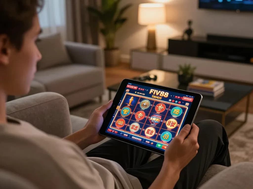 Engaging in a poker game on five88 through a tablet in a cozy home setting, highlighting modern online gambling.