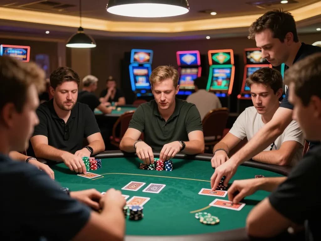 Players engaged in an intense poker game at CM88 casino, showcasing strategic gameplay and vibrant atmosphere.