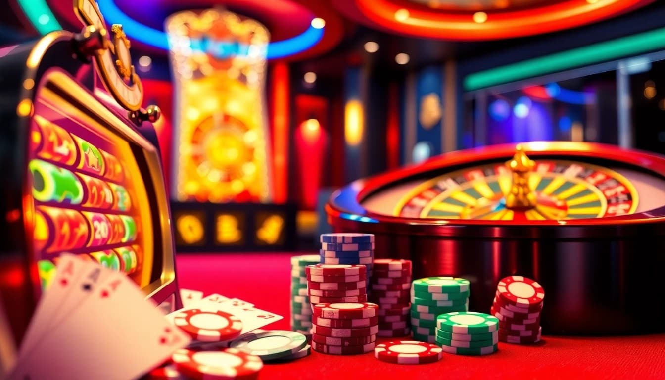 NOHU gaming interface showcasing exciting slot machines and poker chips for an engaging casino experience.