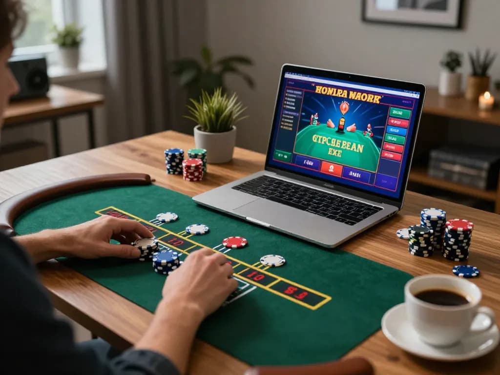 Player placing bets on 88xeng blackjack game in a cozy home setting during evening hours