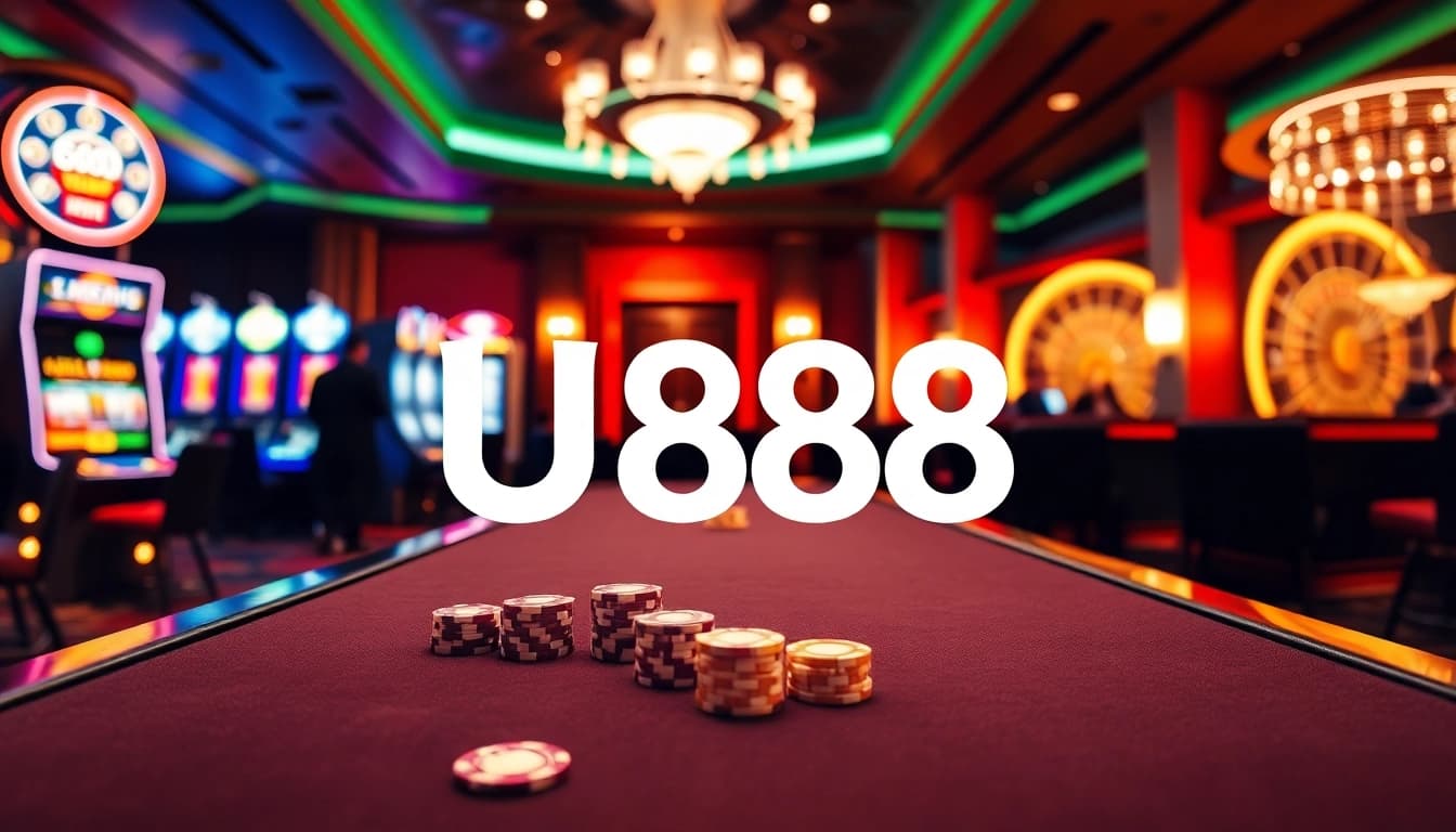 Experimente a emoção do cassino U888 com jogadores em uma mesa de pôquer e máquinas caça-níqueis vibrantes.