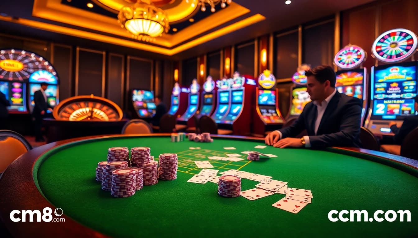 Experience the thrill of gaming at cm88.com with players winning big at a luxurious casino table.