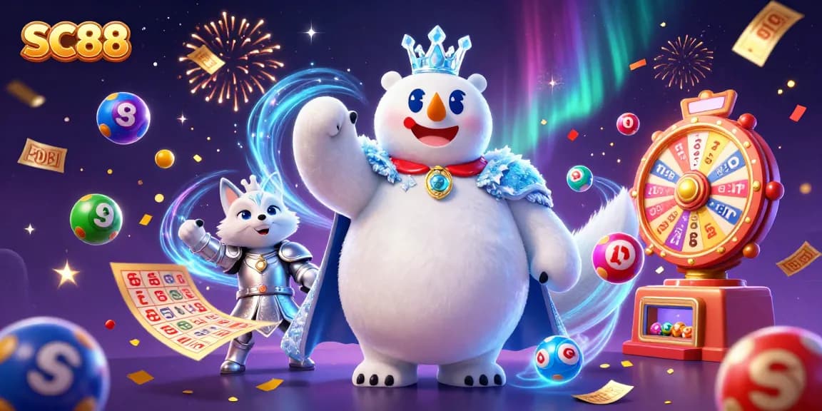 Experience thrilling SC88 gambling with a dynamic scene of the icy king and snow fox amidst vibrant lottery elements.