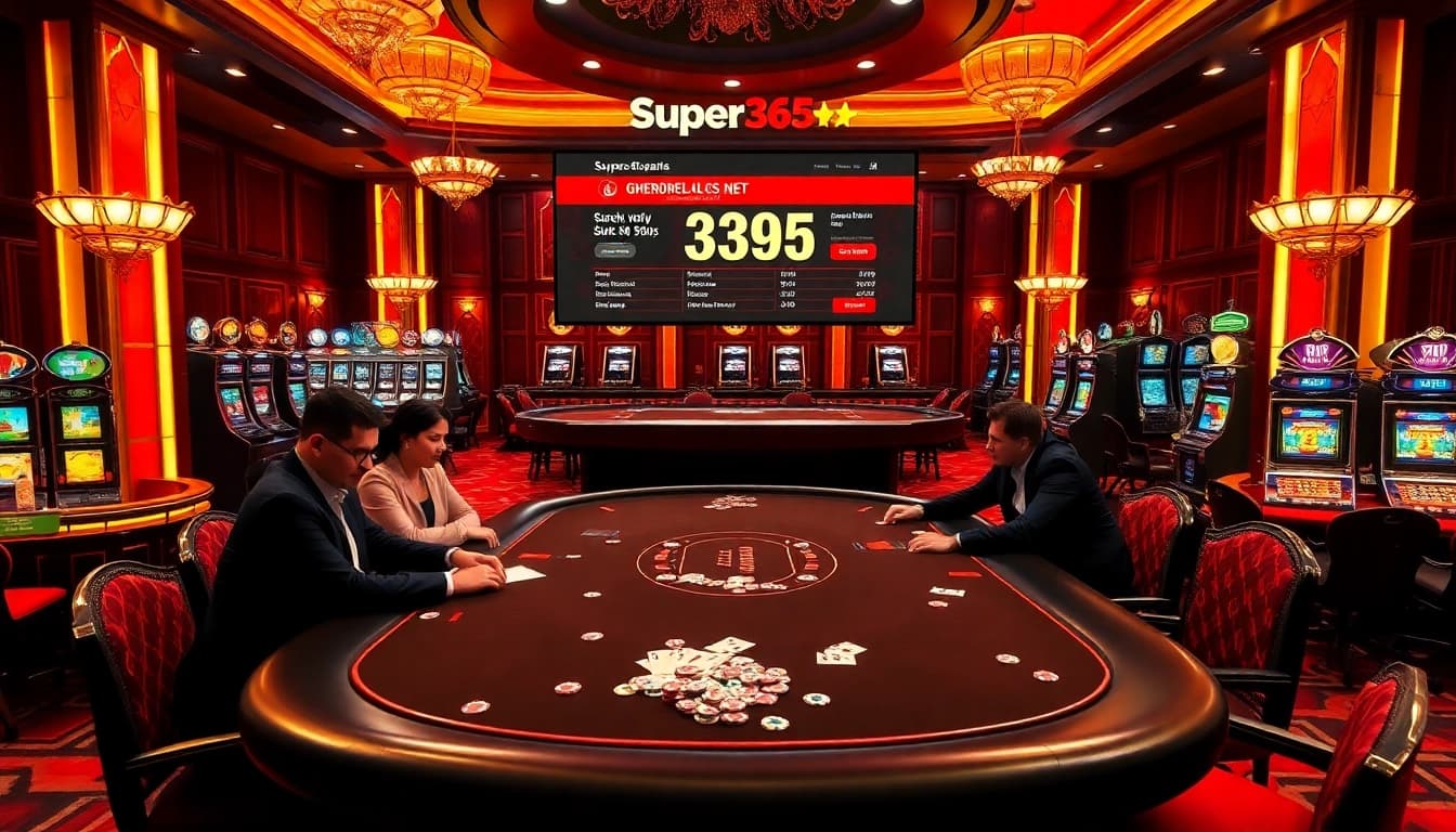 A thrilling poker game at https://www.superslot365.net/ featuring elegant players, luxurious decor, and vibrant action.