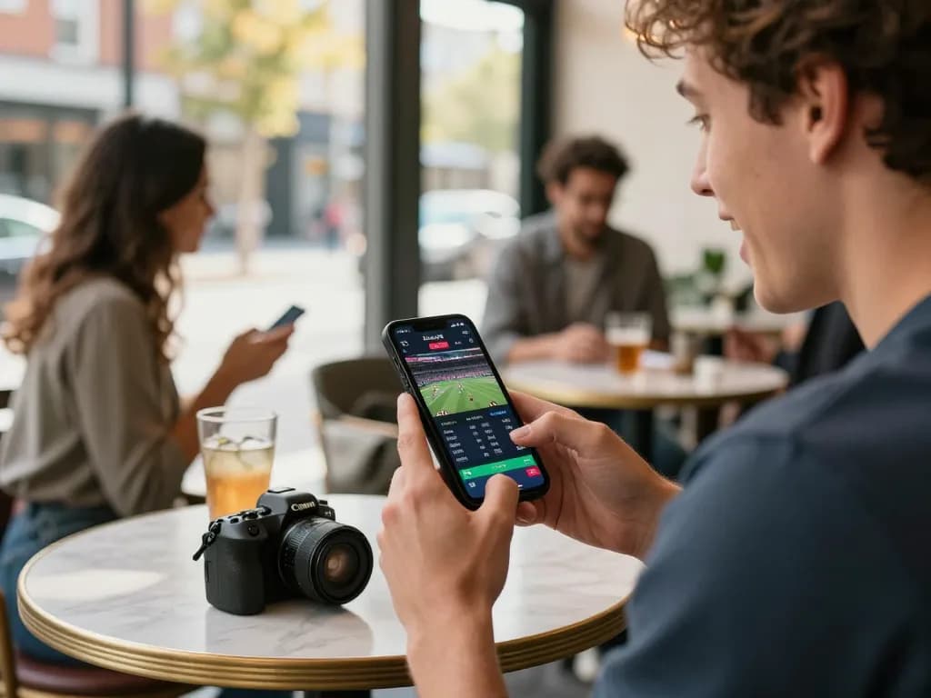 Mobile sports betting excitement at trang chủ 789win, capturing the thrill of placing bets while enjoying a café atmosphere.