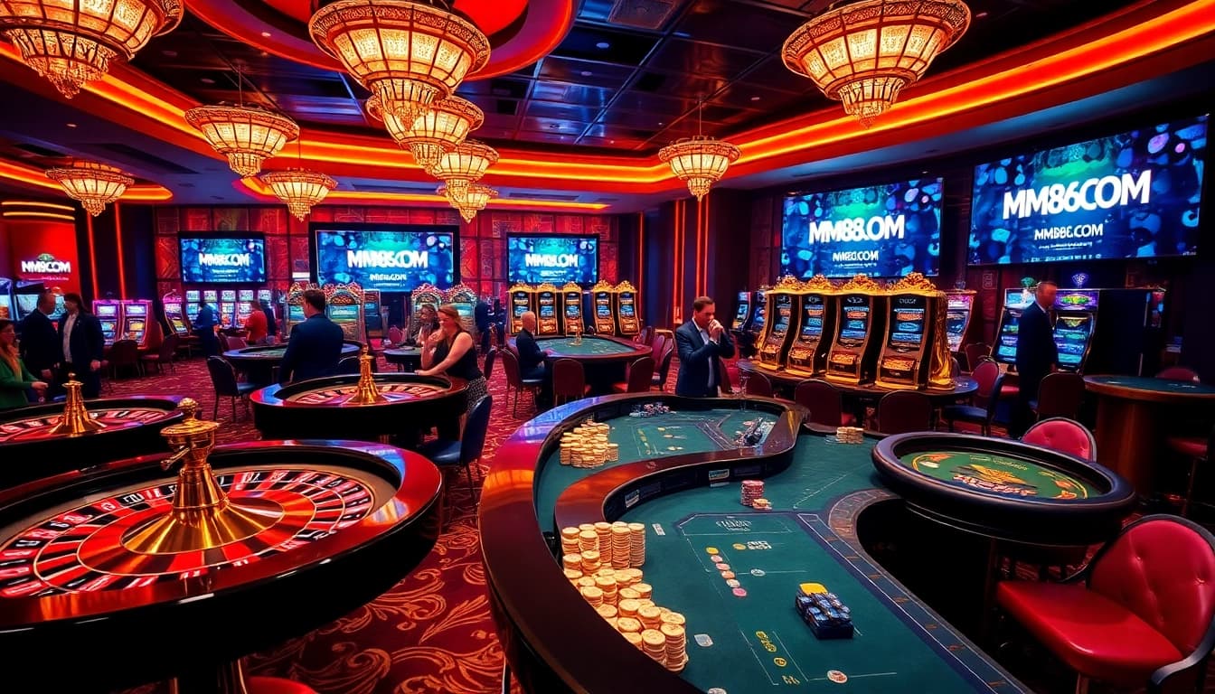 Experience the excitement of gambling at MM88COM with vibrant casino tables and eager players.