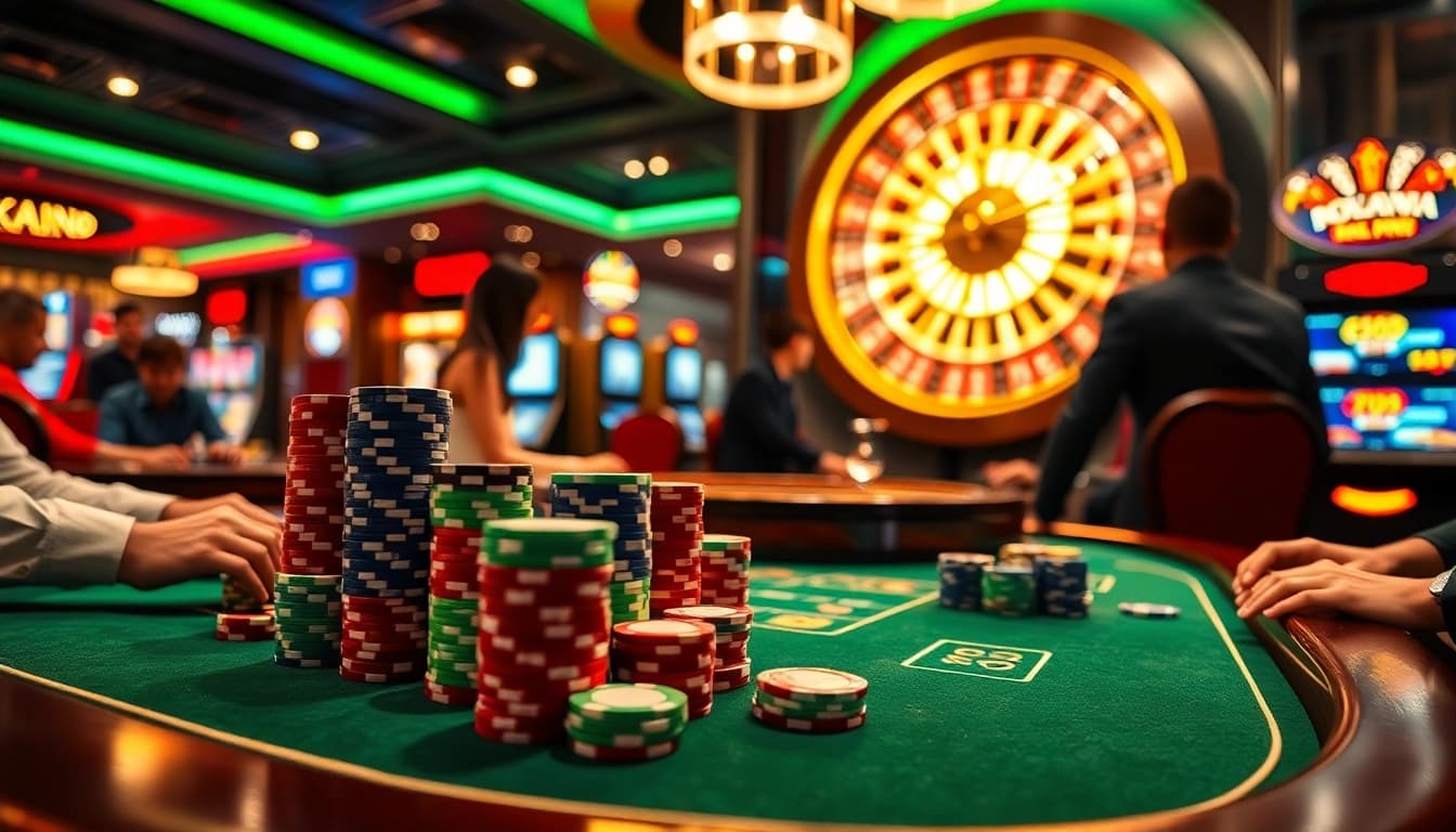Players enjoying a strategic game at the poker table while gambling at https://fc88.football/ casino atmosphere.
